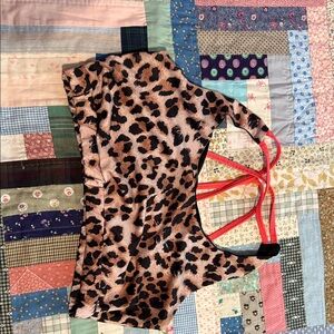 Leopard Print Sports Bra with Red Straps